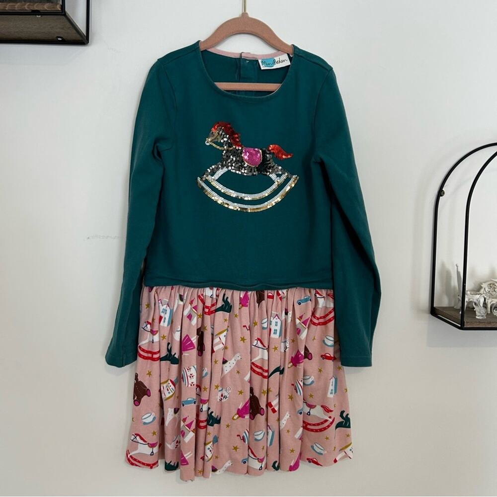 Mini Boden Rocking Horse Sequin 100% Cotton Long Sleeve Dress Size 9/10